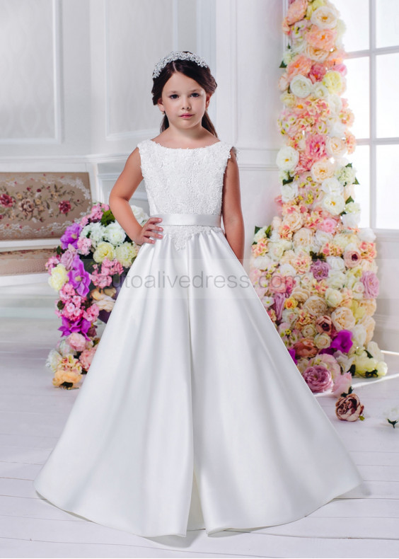 Ivory Lace Satin V Back Floor Length Flower Girl Dress